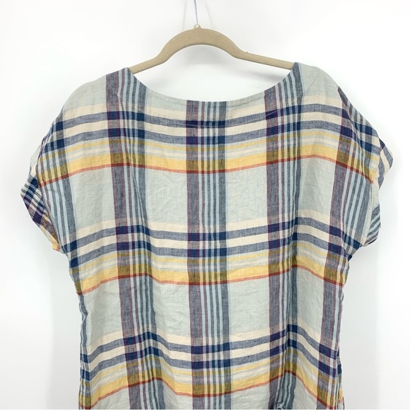 LL Bean Signature Women Size Medium Shirt Front Tie Top Blue Plaid Linen - Picture 4 of 6